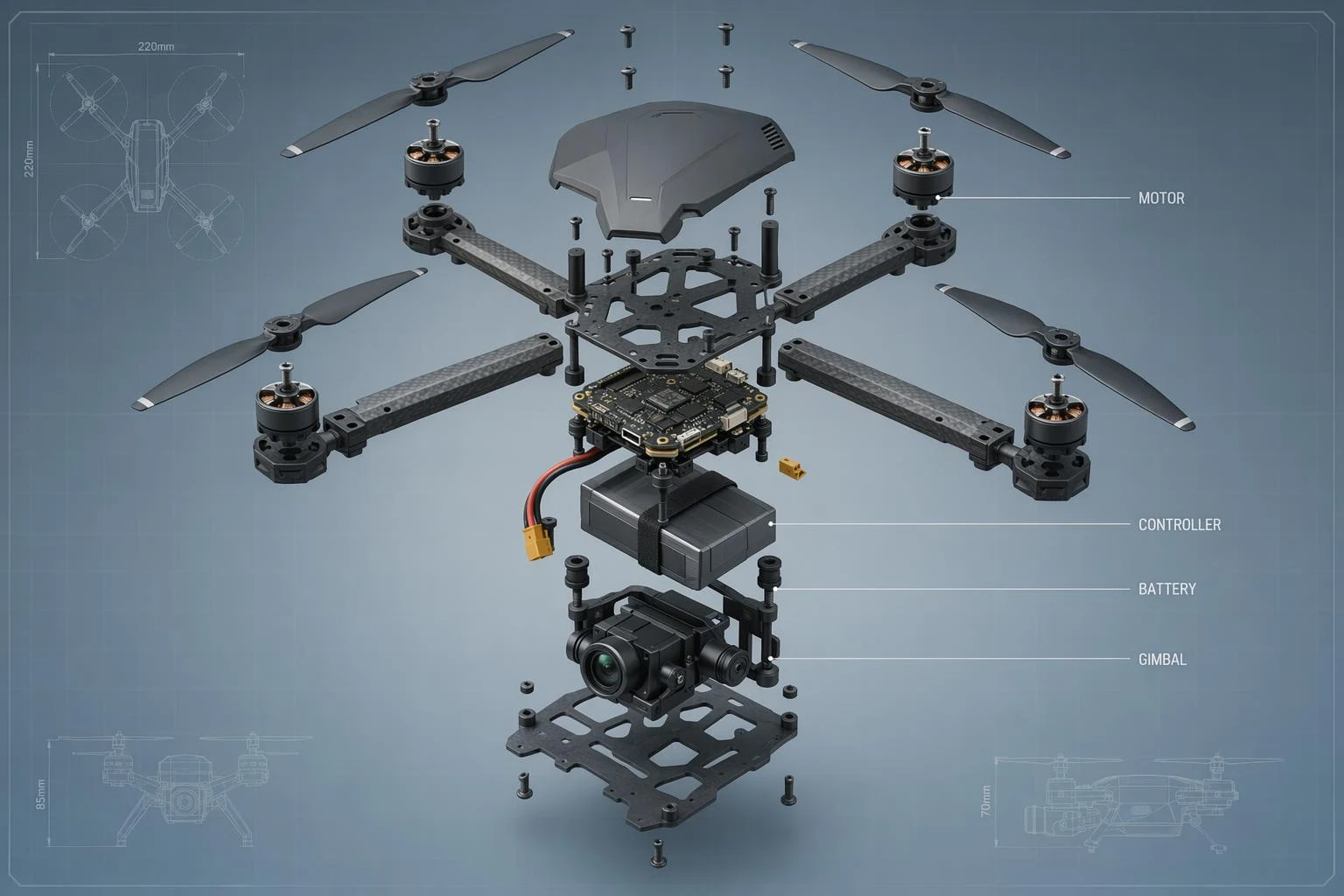 technical exploded view quadcopter drone diagram