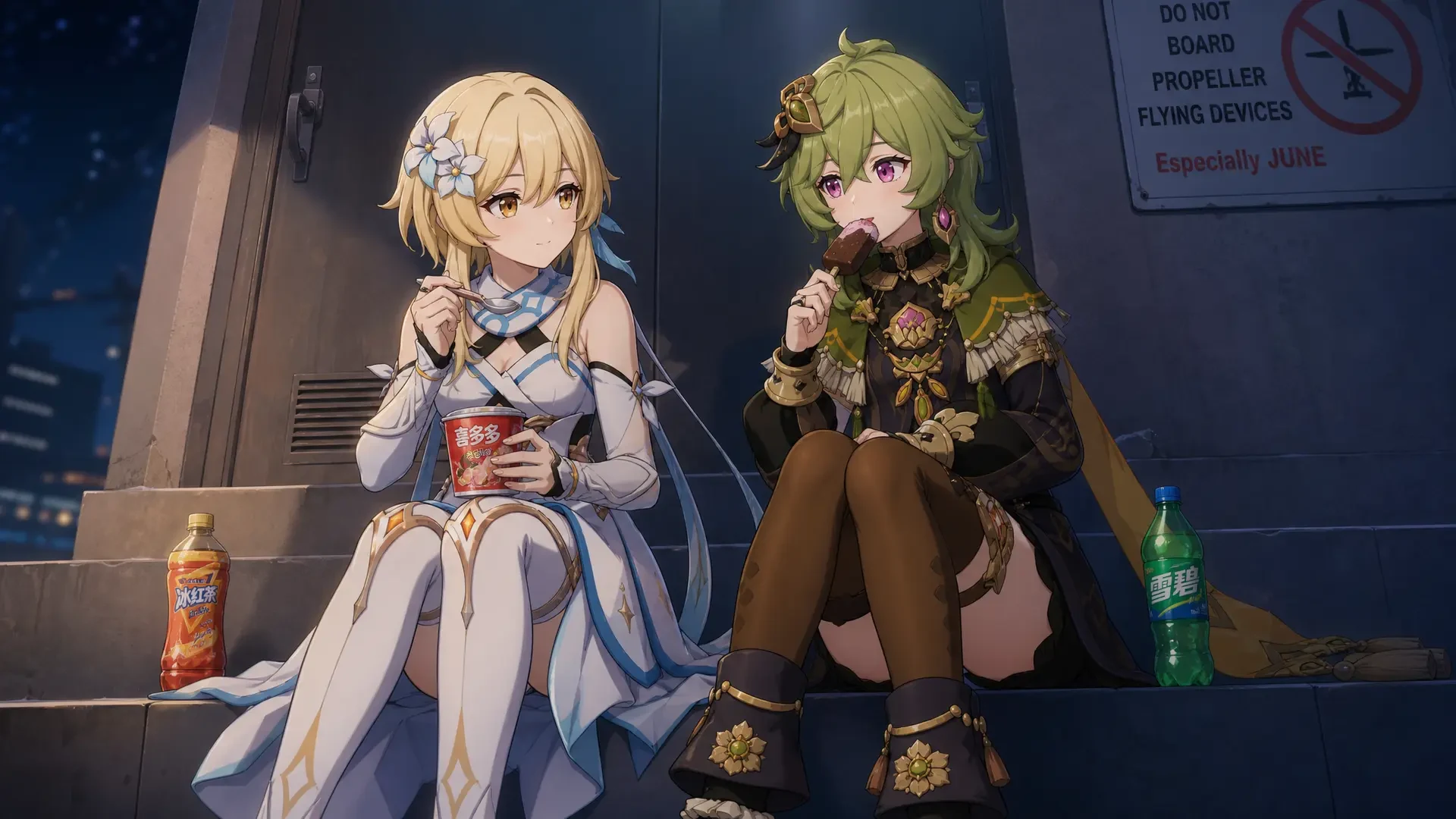 Anime Characters Snack at Supermarket Steps