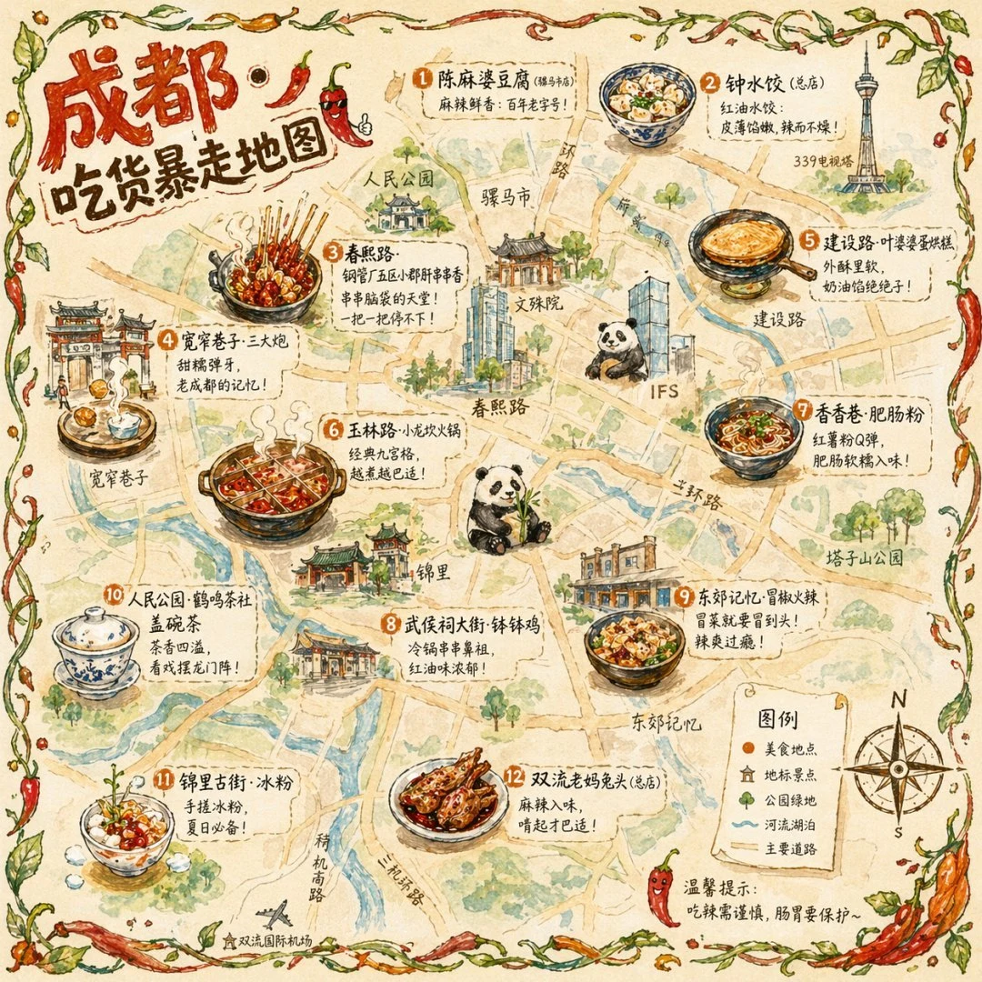 hand-drawn Chengdu food map infographic
