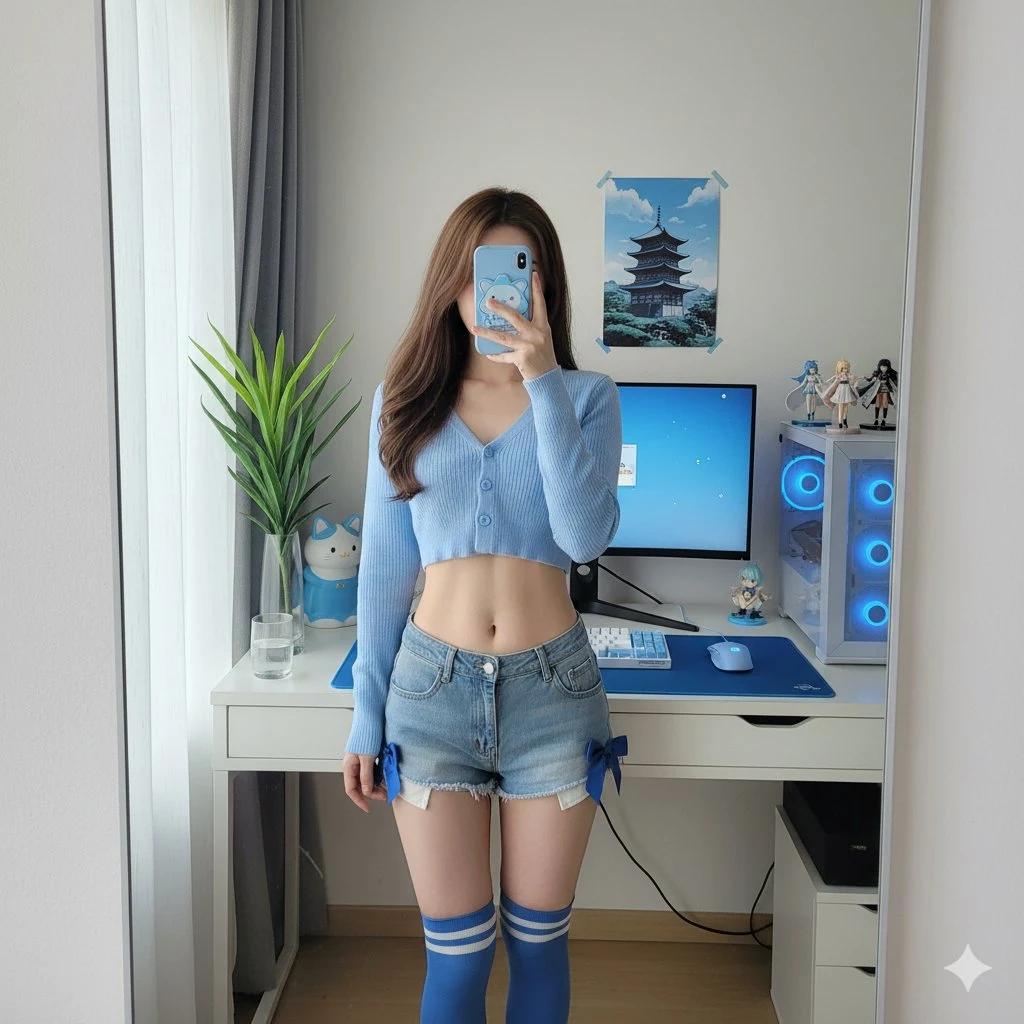 blue-themed otaku bedroom mirror selfie