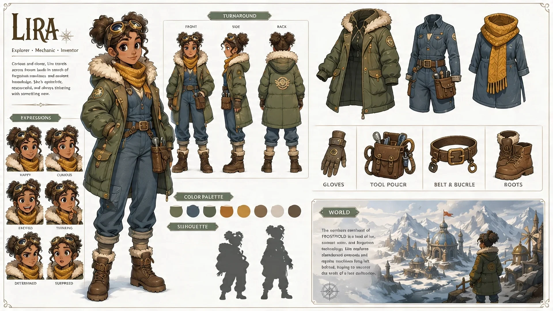 female explorer character design sheet