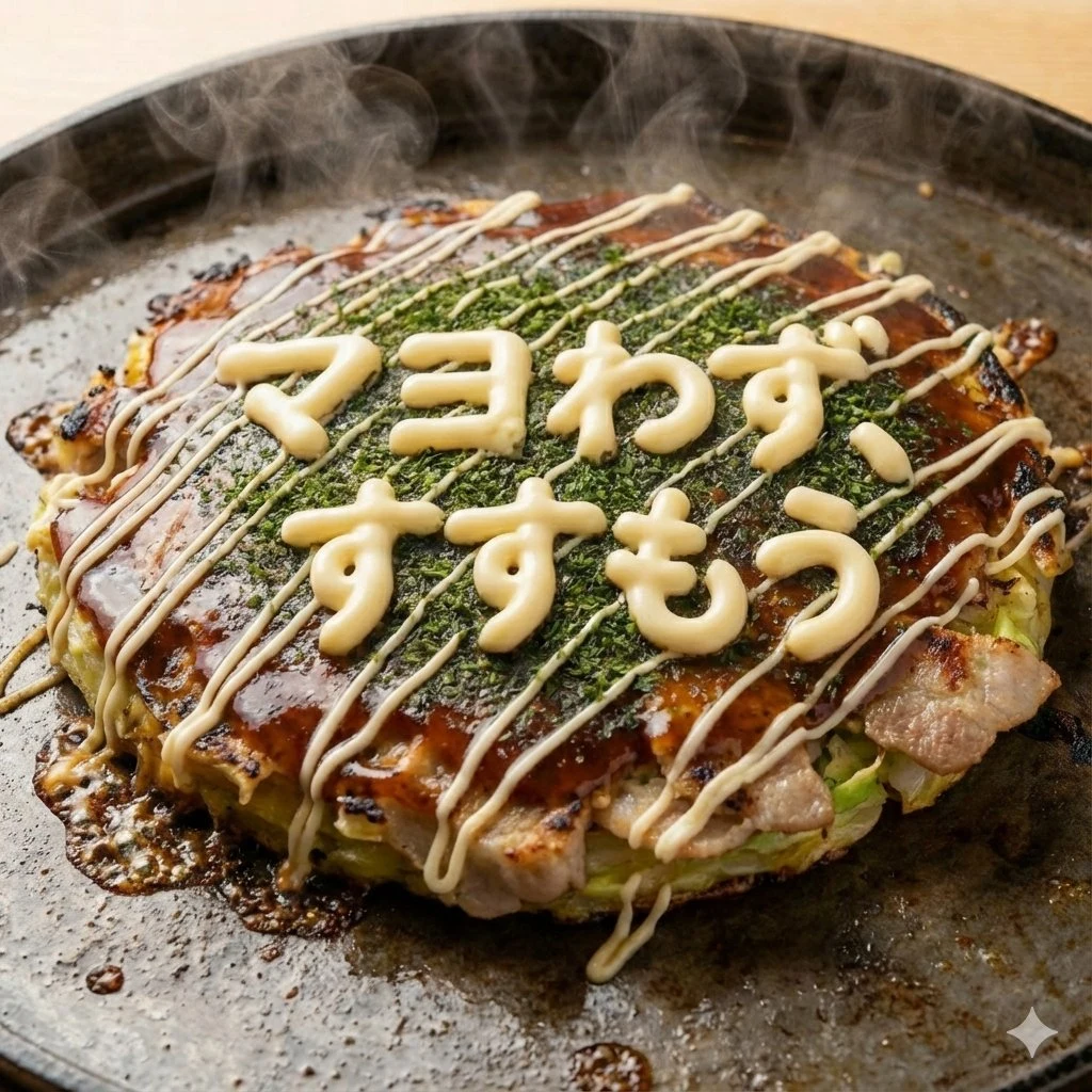 steaming japanese okonomiyaki close up