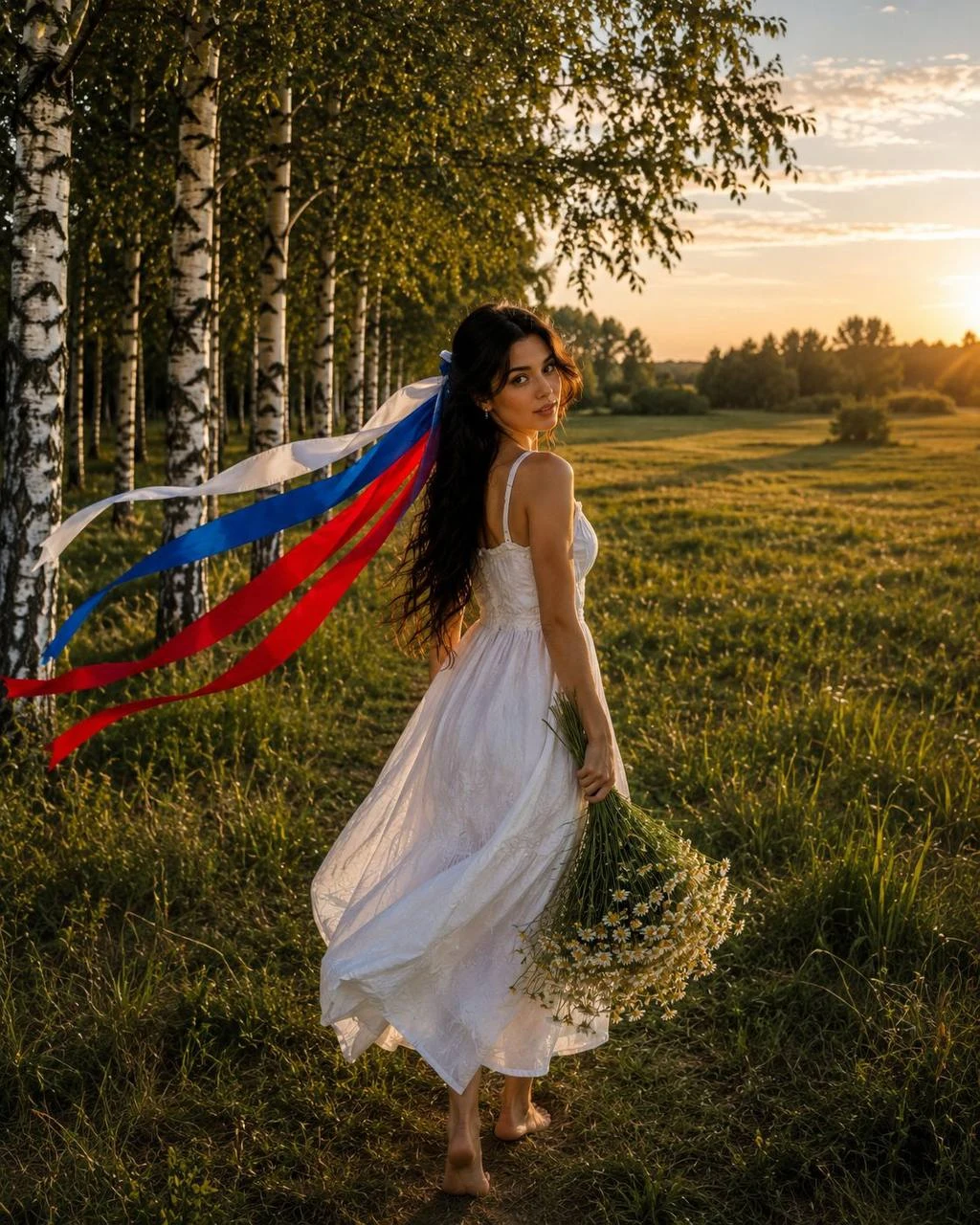 Russian Woman in Meadow at Sunset